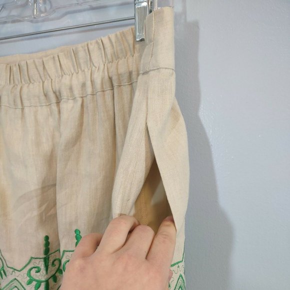 Madison Women's L Beige Linen Skirt Green Embroidery Elastic Waist Lined Boho - Picture 6 of 10